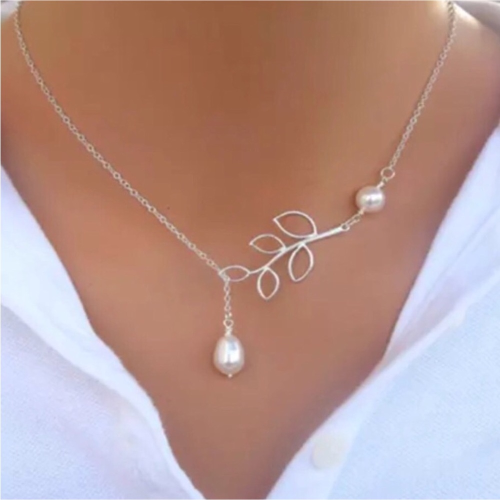 Silver Branch Pearl Drop Necklace